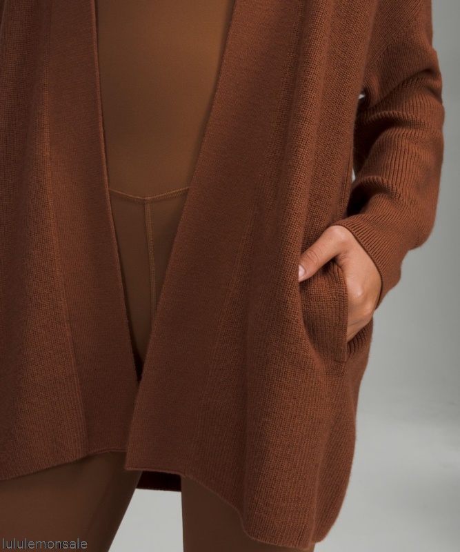Lululemon Damen DELULU480 | Gerippter Langer Wickelpullover Aus Merinowollmischung Röstbraun